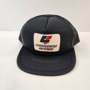 Consolidated Fastfrate Trucker Hat Mesh Back Black Vtg 1980s Unisex Adjustable